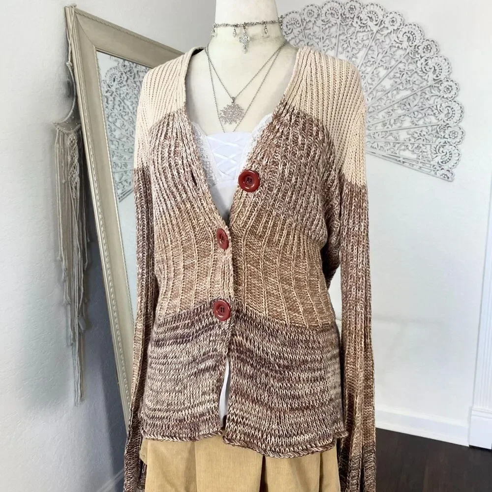 Bcbgmaxazria Y2K Flared Brown Tan Crean Knit Knitted Button Up Cardigan L - Picture 2 of 7